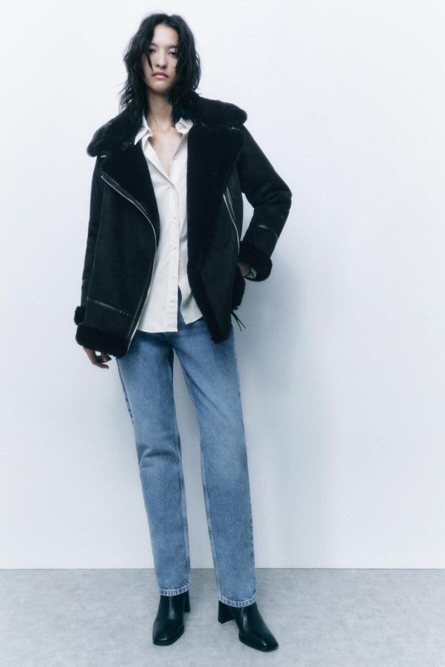 [Zara] Black Faux Fur Suede Double-Faced Oversized Moto Jacket Blogger Fave XS